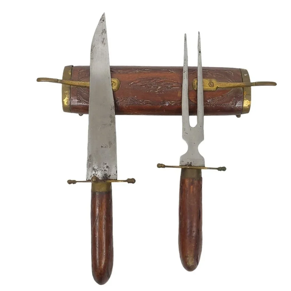Vintage Carving Knife Fork Set Carved Wood Sheath Brass Engraved India